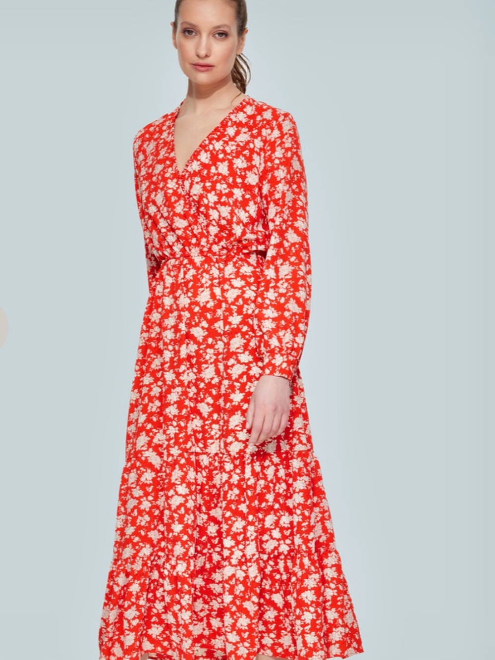 Floral Red Midi Faux Wrap Dress with long sleeves
